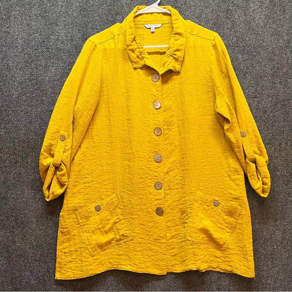 John Mark Button Up Linen Blend Collared Tunic Blouse Med 3/4 Sleeve Lagenlook